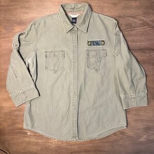 Fossil Standard Issue Unisex Olive Green Utility Shirt XL Patch T-54 Long Sleeve